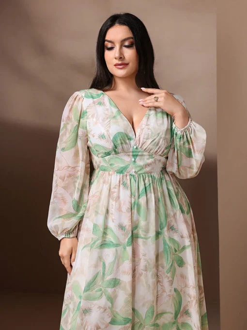 Plus Size Casual Elegant Floral Print Lantern Sleeve Dress - Image 3