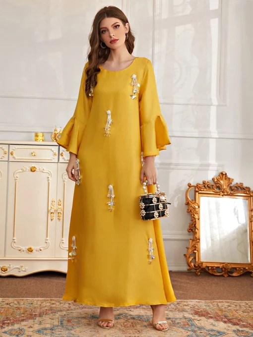 Women's Ankle-Length Beaded Yellow Loose Muslim Toga Dress - Image 5