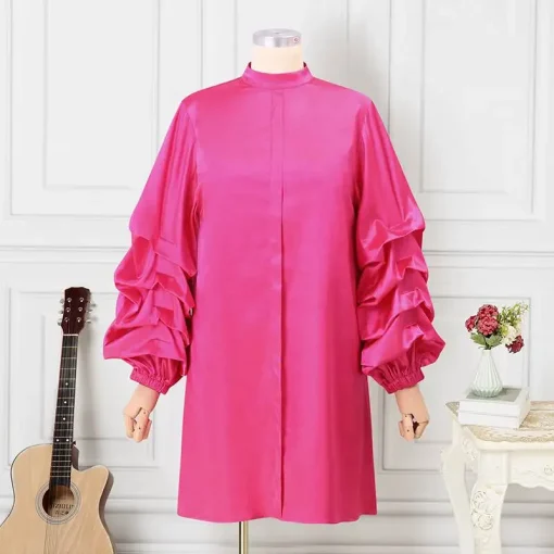 Elegant Satin Ruffled Dress with Long Sleeves and Stand Collar - Image 5