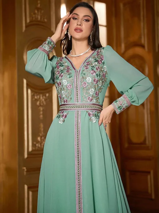 Luxury Kaftan Jalabiya Floral Embroidery Belt Eid Dress - Image 2