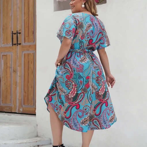 Elegant Plus Size V-Neck Printed Beach Summer Dress