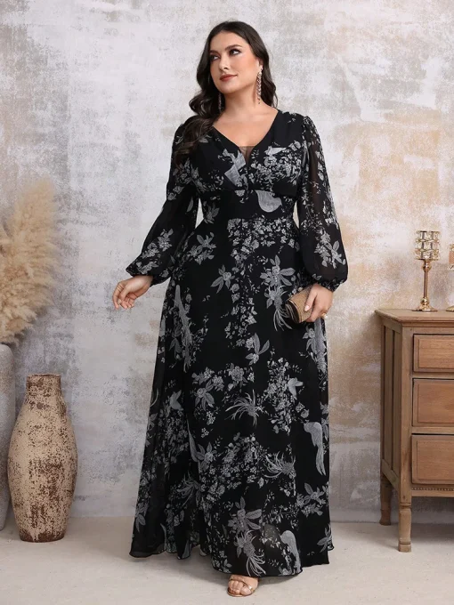 Elegant V-Neck Lace Mesh Floral Plus Size Maxi Dress - Image 6