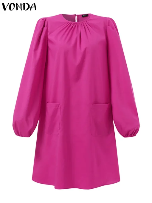 Elegant Summer Solid Color Dress with Puff Sleeves - Image 2