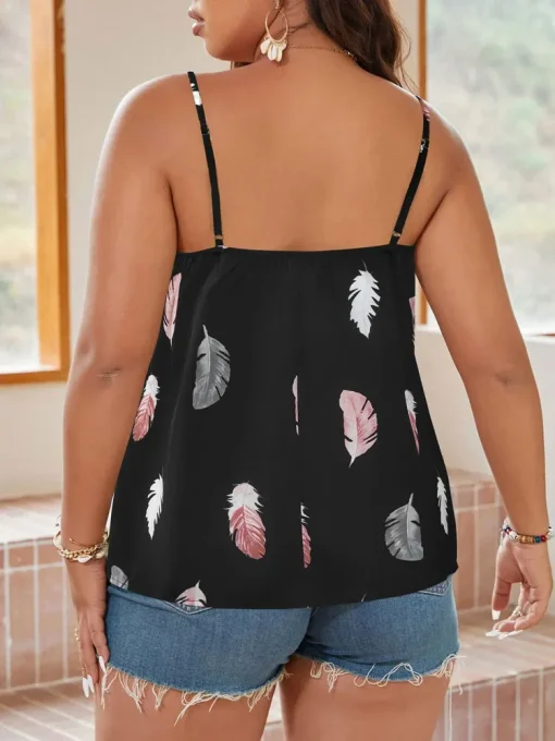 Plus Size Feather Print Backless Knit Tank Top - Image 2