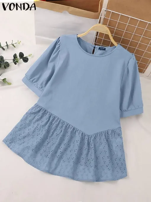 Women's Elegant Solid Color Puff Sleeve Summer Blouse - Image 2