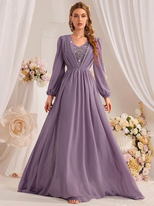 Elegant Purple Beaded Maxi Dress with Lantern Sleeves