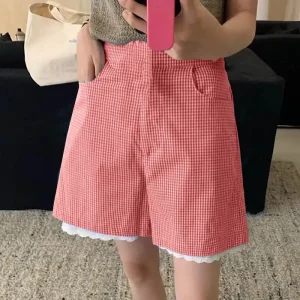Bohemian Plaid Oversized Shorts with Lace Patchwork Detail