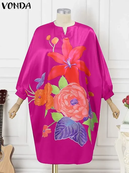 Plus Size Bohemian Floral Midi Dress with Bat Sleeves - Image 2