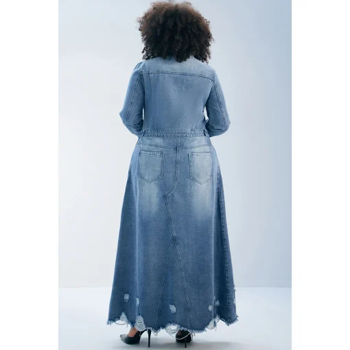 Plus Size Light Blue Ripped Denim Long Coat - Image 3