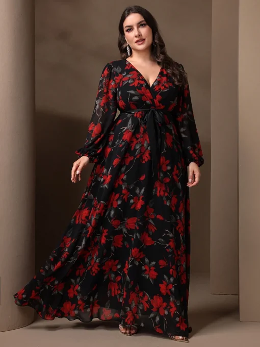 Plus Size Floral Print Lantern Sleeve Maxi Party Dress - Image 6