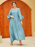 Women's Floor-Length Beaded Crew-Neck Trumpet Sleeve Dress
