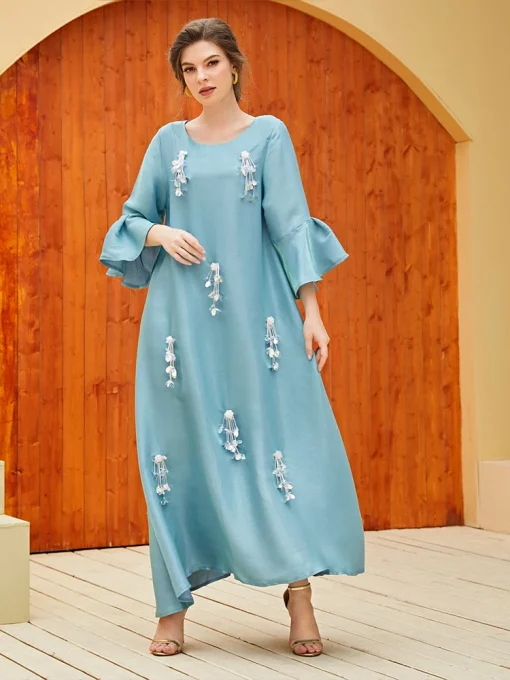 Beaded Floor-Length Dress with Trumpet Sleeves and Crew Neck