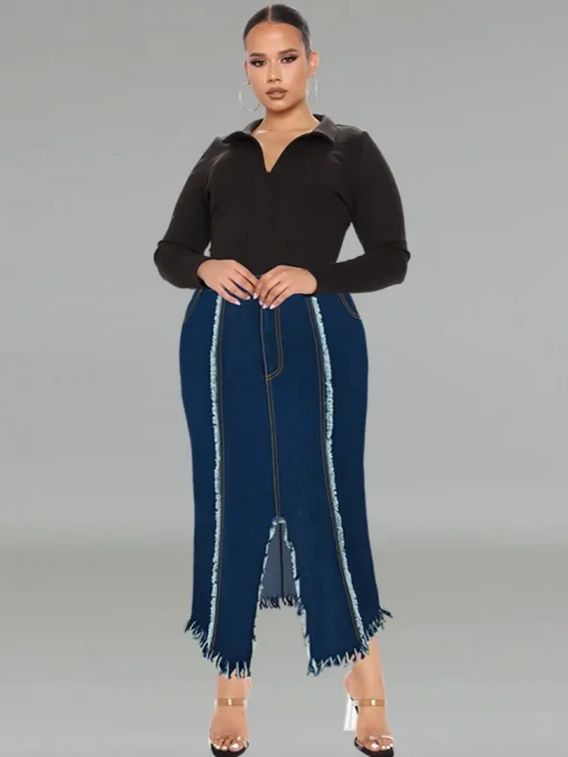 Plus Size Women's High Waist Washed Denim Slit Skirt