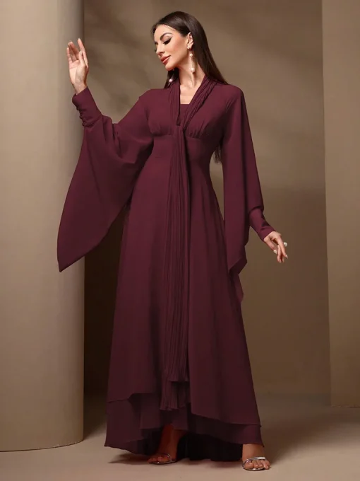 Solid Color Bell Sleeve Fit and Flare Chiffon Maxi Dress - Image 6