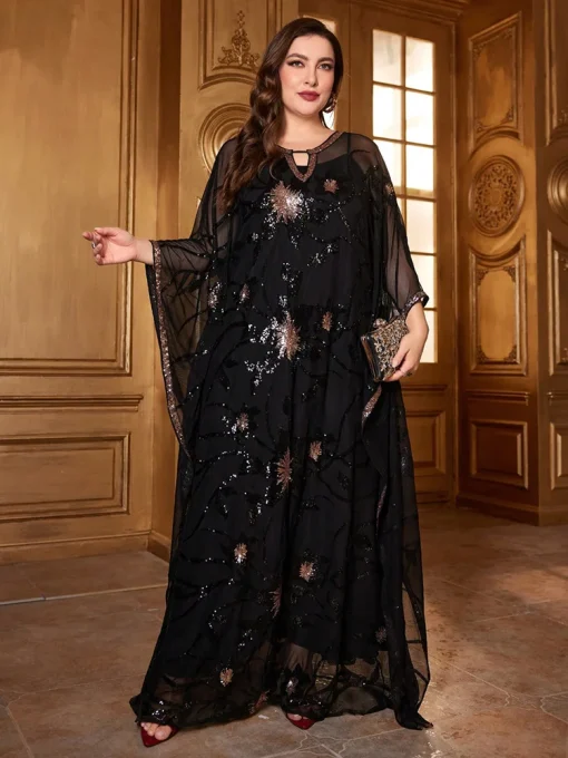 Luxury Elegant Plus Size Sequined Flower Pattern Batwing Sleeve Dress