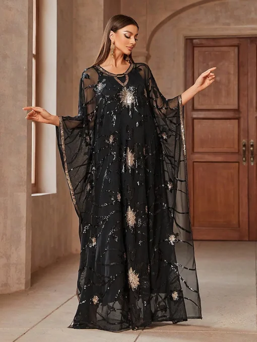 Luxury Sequin Mesh Batwing Sleeve Arabian Style Long Dress - Image 3