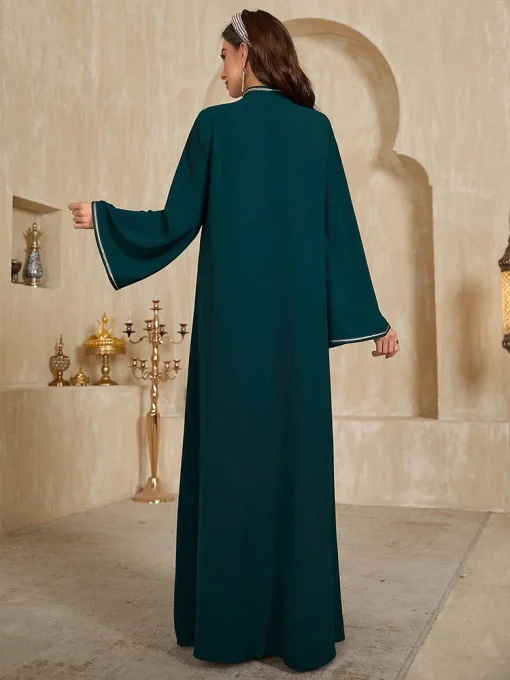 Floor-Length Muslim Ice Silk Crepe Dress with Trumpet Sleeves - Image 2