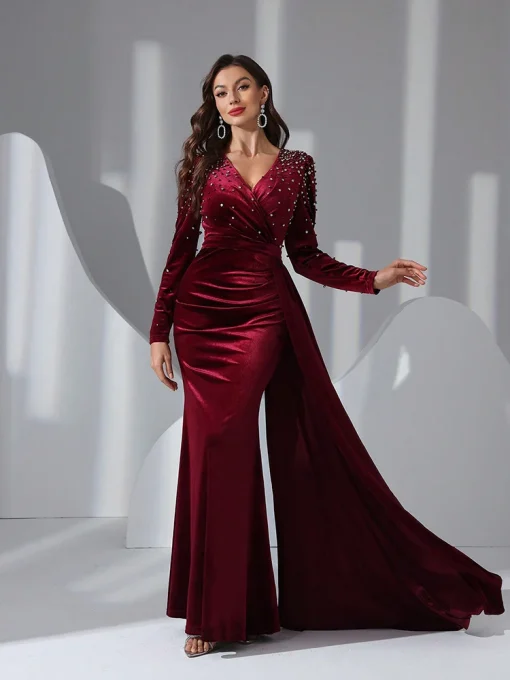 Women Long Sleeve Bead Crystal Embellished Evening Gown - Image 6