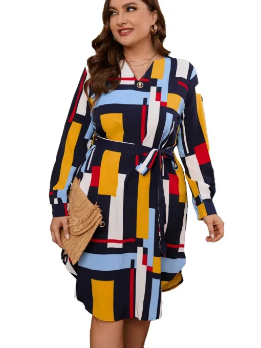 Plus Size Long Sleeve V-Neck Dress with Belt for Women - Image 5