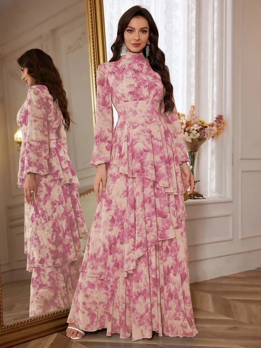 Floral Print Lantern Sleeve Ruffle Trim Chiffon Maxi Dress - Image 4