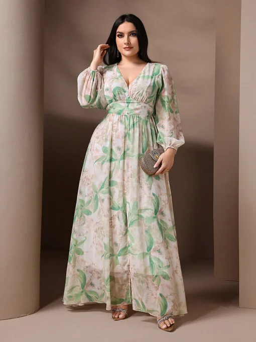 Plus Size Casual Elegant Floral Print Lantern Sleeve Dress - Image 5