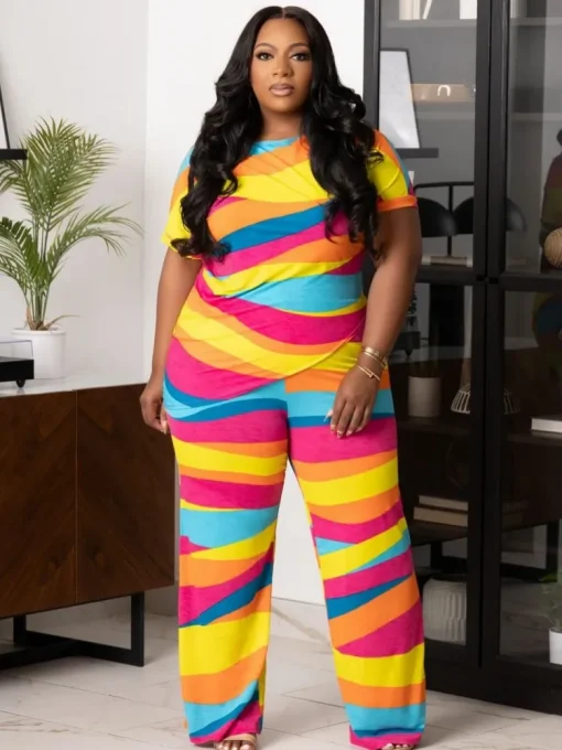 Plus Size Summer Matching Print Top and Pants Set