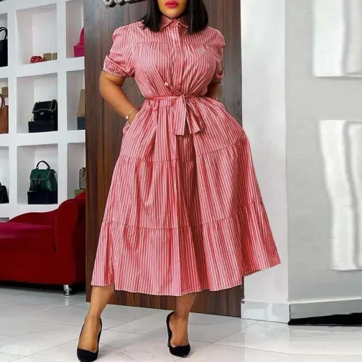 Elegant Summer Midi Dress with Puff Sleeves and Belt - Image 5