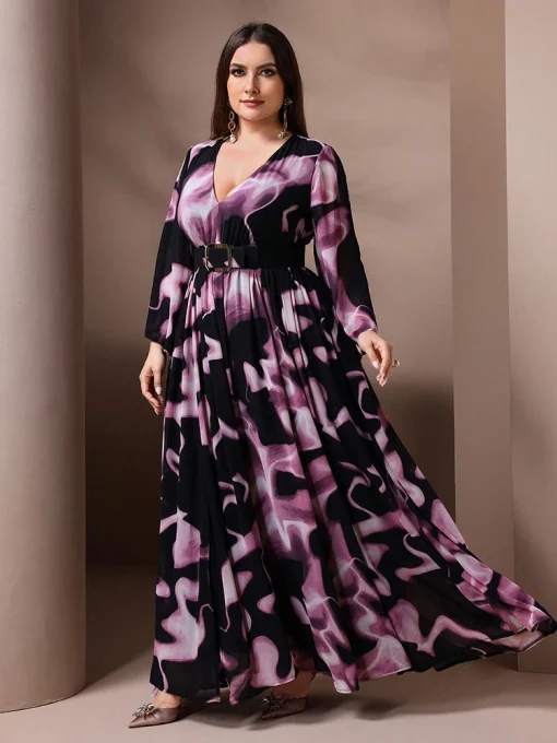 Elegant Plus Size V-Neck Tie Dye Wrap Maxi Dress - Image 5