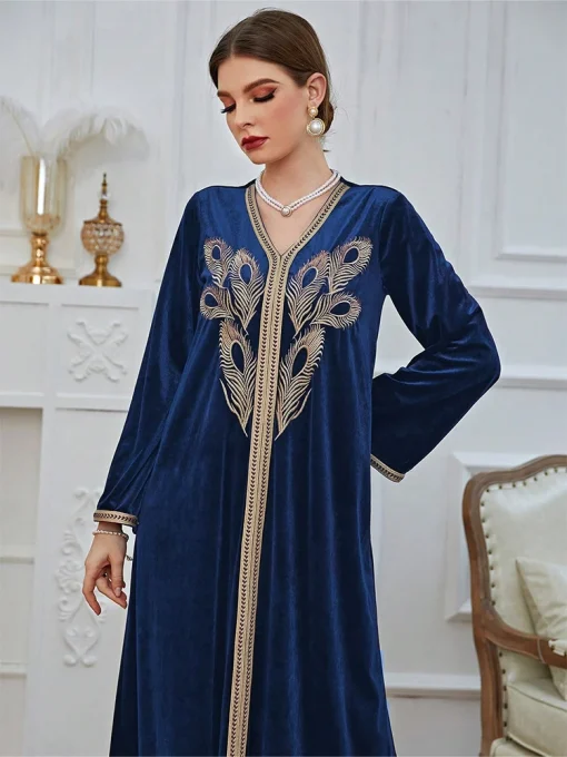 Gorgeous Navy Blue Ankle-Length Embroidered Muslim Evening Gown - Image 6