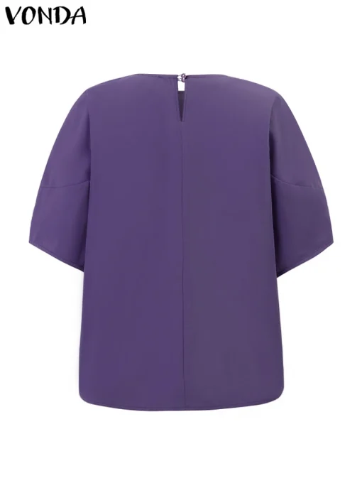 Women's Elegant Solid Color O-Neck Short Sleeve Blouse - Image 3