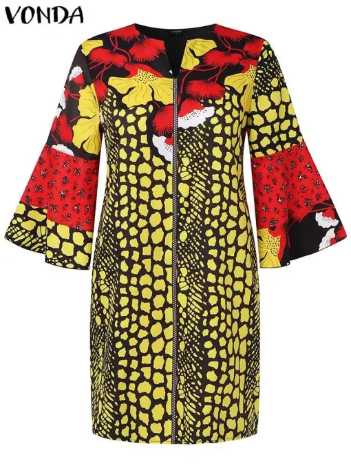 Women's Vintage Printed Flare Sleeve Party Dress - Image 2