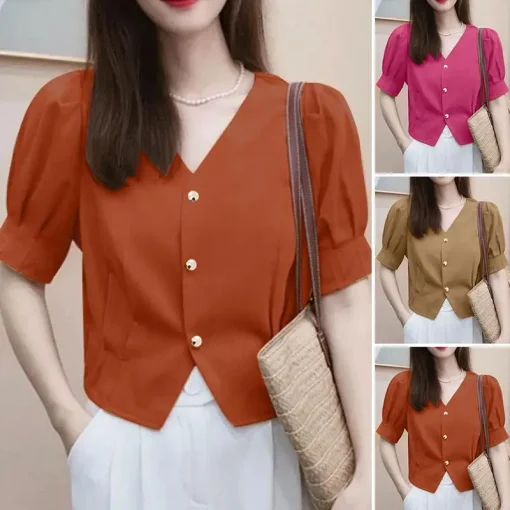 Women’s Elegant V-Neck Short Sleeve Summer Blouse