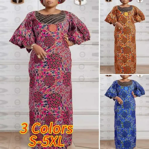 Bohemian Maxi Dress Vintage Fare Sleeve Print Round Neck Sundress