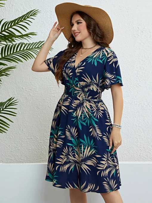 Elegant Plus Size V-Neck Short-Sleeve Linen Party Dress - Image 6