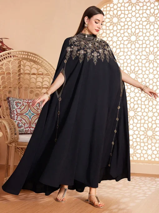 Luxury Arabian Embroidered Stand Collar Cape Sleeve Maxi Dress - Image 2