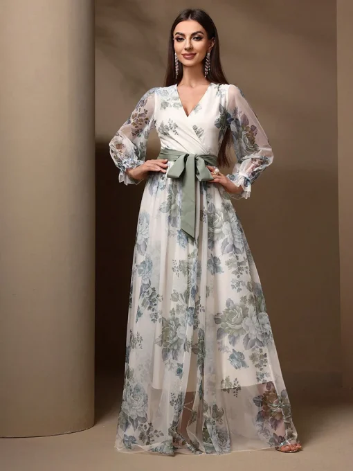 Floral Print Flare Sleeve Belted Lace Mesh Maxi Dress - Image 3