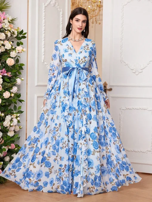 Elegant V-Neck Bell Sleeve Belted Floral Maxi Dress