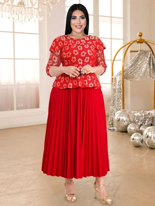 Elegant Red Lace A-Line Dress with Floral Patchwork