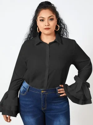 Plus Size White Blouse with Long Flare Sleeves