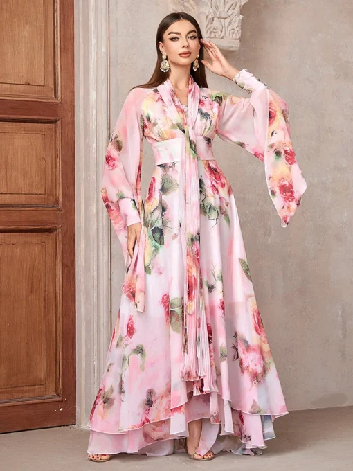 Elegant Floral Print High-Waist Bell Sleeve Maxi Dress - Image 3