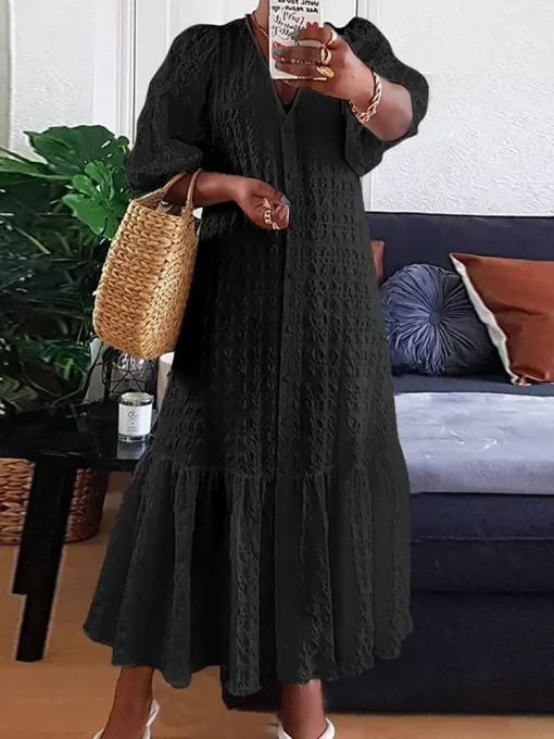 Women's Summer Casual Loose V-Neck Puff Sleeve Maxi Dress - Image 3