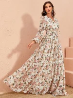 Elegant V-Neck Floral Lantern Sleeve Summer Maxi Dress