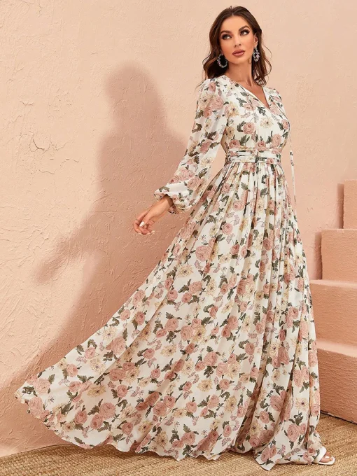 Elegant V-Neck Floral Lantern Sleeve Summer Maxi Dress