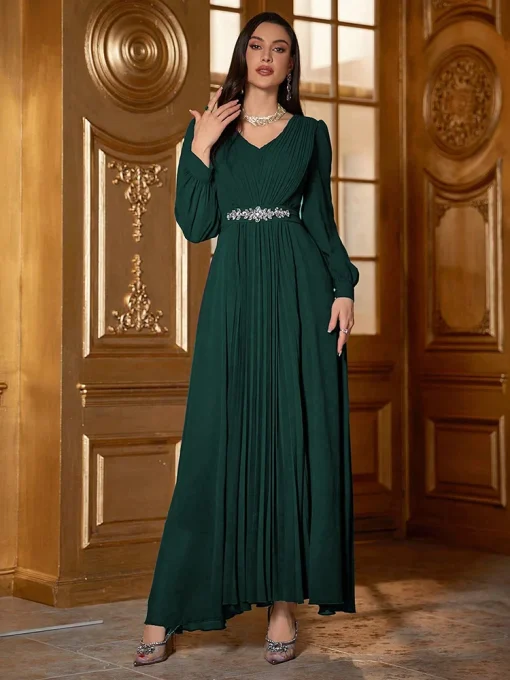 Elegant Rhinestone Embellished Long Sleeve Pleated Swing Dress - Image 6