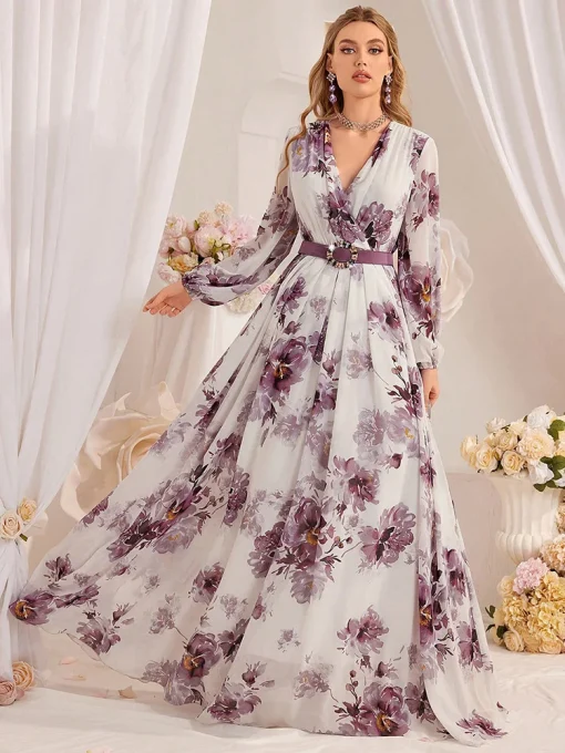 Elegant Floral Mesh Lantern Sleeve Belted Holiday Long Dress - Image 2