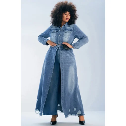 Plus Size Light Blue Ripped Denim Long Coat