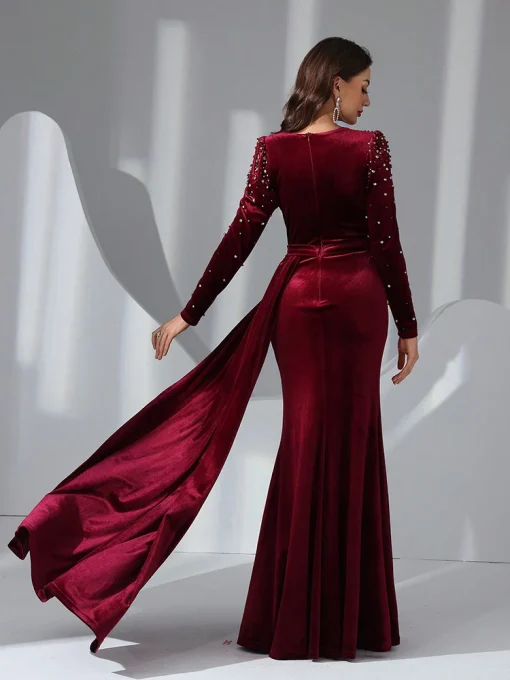 Women Long Sleeve Bead Crystal Embellished Evening Gown - Image 2