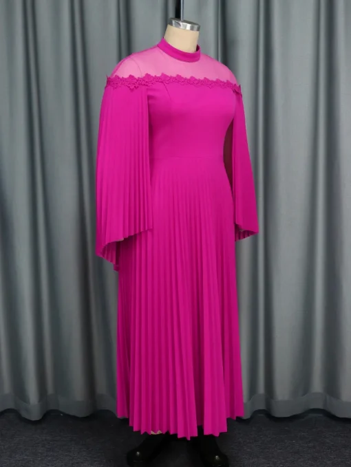 Elegant Pleated Maxi Dress with High Collar and Cloak Sleeves - Image 3