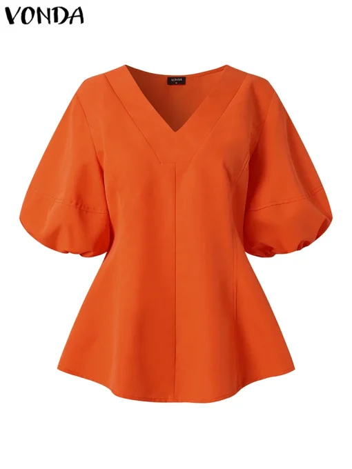 Women's Casual Lantern Sleeve V-Neck Party Blouse - Image 3