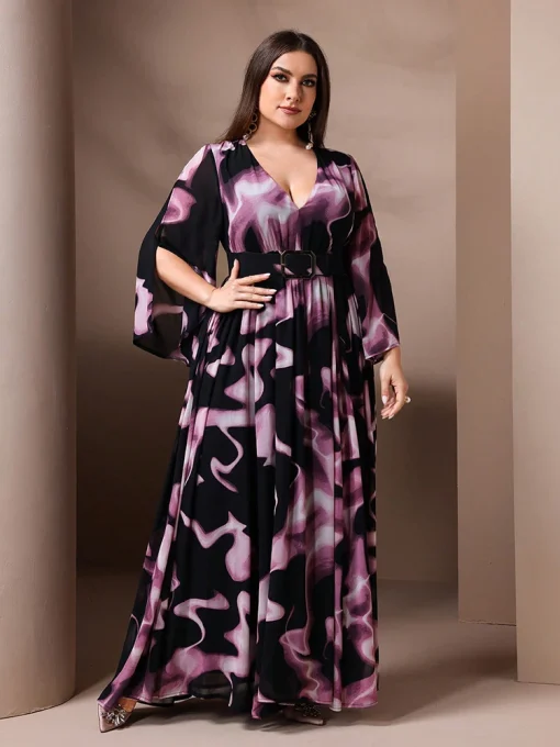 Elegant Plus Size V-Neck Tie Dye Wrap Maxi Dress - Image 6